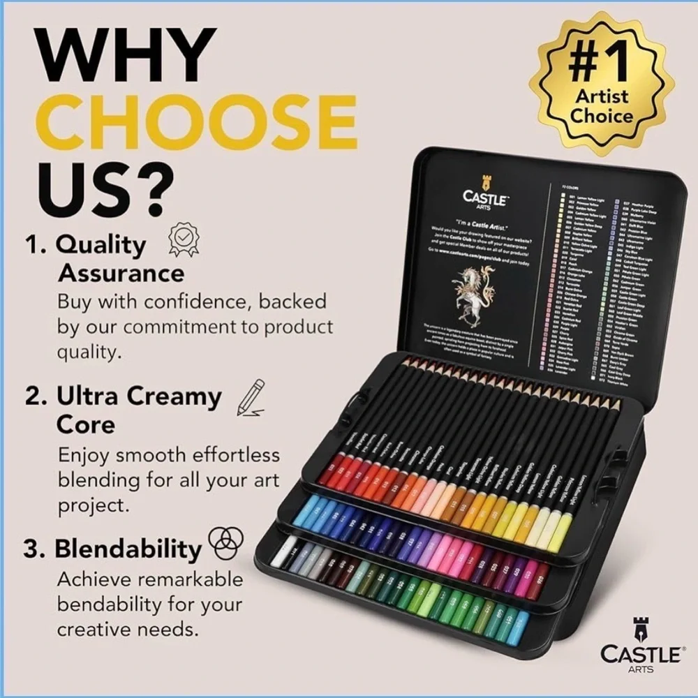 Castle Art Supplies 72 Premium Soft Core Colored Pencils Set in Tin Case